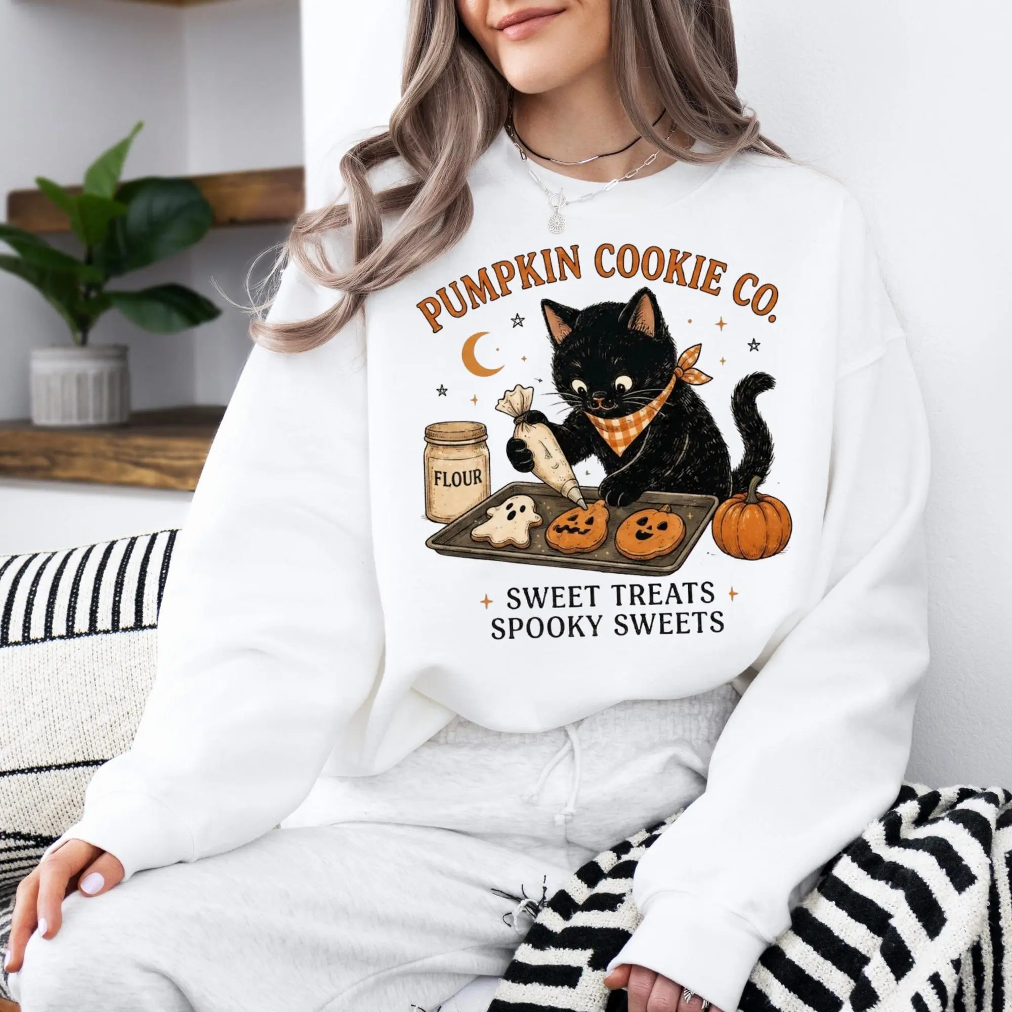 Pumpkin Cookie Co Sweatshirt, Cute Black Cat Baking Sweatshirt, Halloween Baker Fall Cookie Lover Sweatshirt