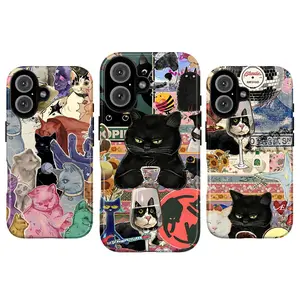 Whimsical Black Cat Collage Phone Case – Cute Kawaii Kitty Art, Vintage Aesthetic Sticker Patchwork, Cozy Cottagecore Fairycore Cat Lover Phone Case for iPhone 7 8 X XR XS 11 12 13 14 15 16 17 Pro Max & Samsung Galaxy S21–S25
