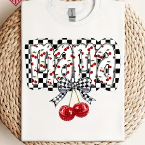 Cherry Bow Coquette Mama Shirt - Red & White Checkered Hoodie with Floral Ribbon Design, Relaxed Fit Short Sleeve Cotton T-Shirt, Machine Washable Mother's Day Gift for New Moms, Made in USA, Casual Mom Apparel | Breathable Fabric Piece Summer