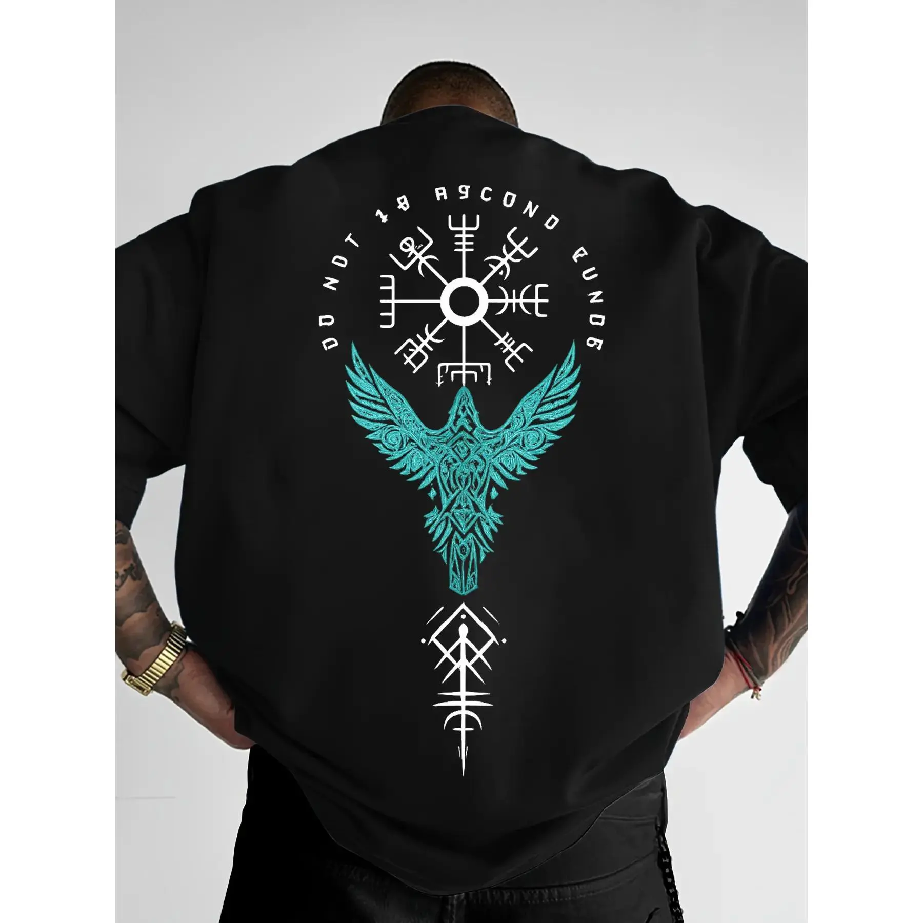 Men's Norse Raven Graphic T-Shirt, Long-Sleeve Fitted Polyester Sportswear for Casual Streetwear, Graphic T Shirts