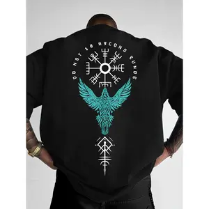 Men's Norse Rune & Animal Raven Graphic Long Fitted T-Shirt, Round Neck, Nordic Mythology Theme Streetwear, Urban Outfit with Cultural Print, Comfortable Soft Fabric, Versatile for Relaxed Evenings & Casual Hangouts, Ideal for Wardrobes
