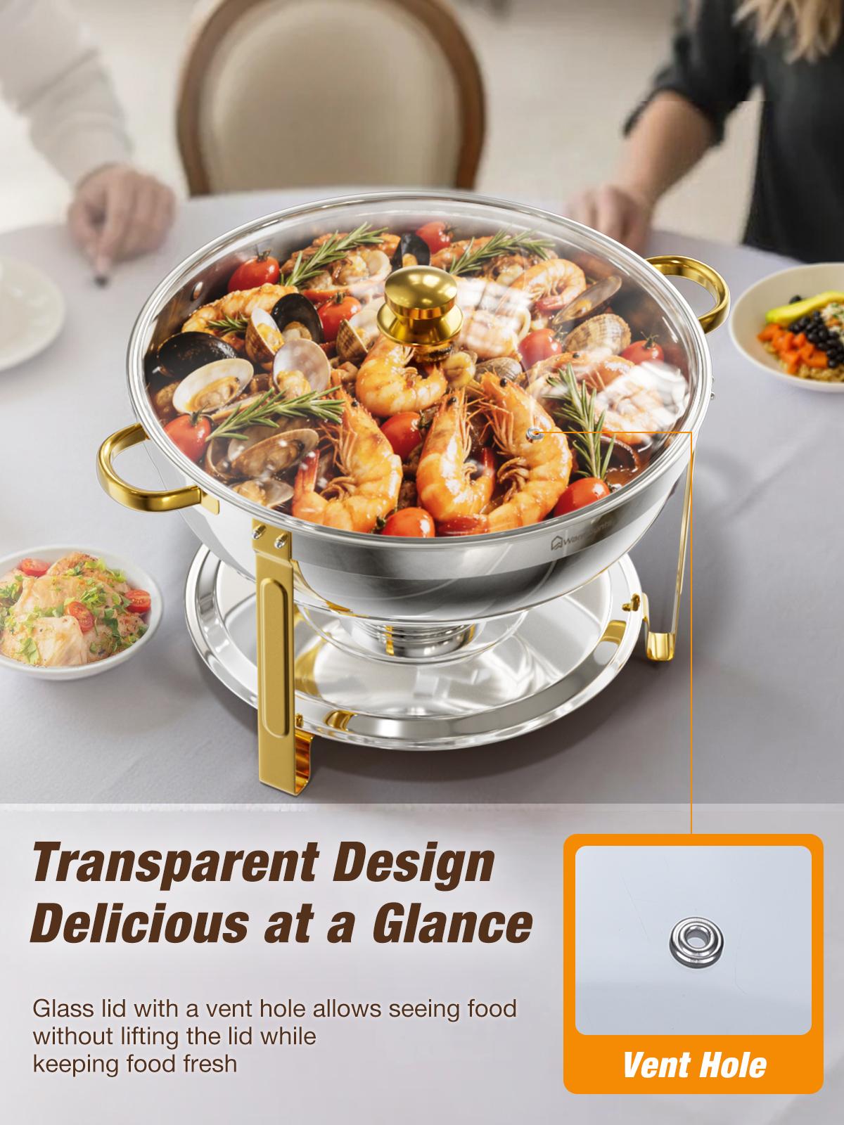 WARMOUNTS 8QT Gold Chafing Dishes for Buffet with Glass Lid , Round Chafers and Buffet Warmers Set with Mirror-Polished Stainless Steel, Rolled Rim, Stackable, Lid Holder for Parties, Weddings, Easter, Gatherings (2/4 Pack）