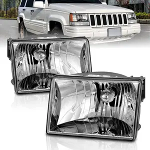 AmeriLite for 1993-1998 Jeep Grand Cherokee Replacement Crystal Chrome Main Kit Headlights Assembly Pair - Driver and Passenger Side