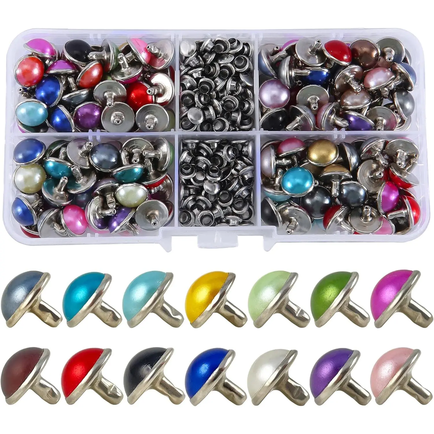 160 Sets 13/32 Inch Mixed Colors Leather Rivets Pearl Rivets Studs Imitation Pearl Rivets for Clothing Rapid Rivets Studs for Belts Bags Shoes Dog Collars Leather Craft Rivets