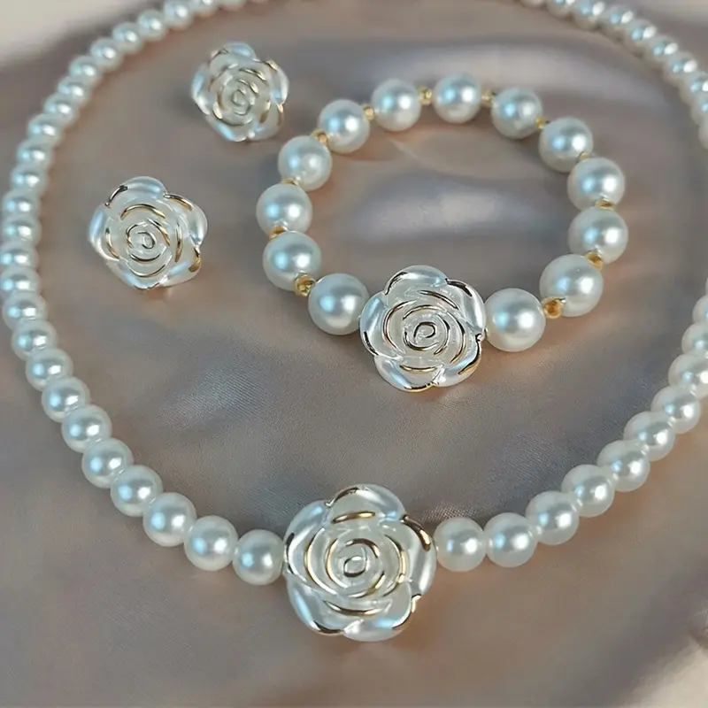 3PCS Elegant Camellia & Pearl Jewelry Set Exquisite Women Imitation Pearl Necklace, Bracelet, and Earrings Set Vintage Golden-Tone Accents, Perfect for Parties & Daily Wear, Party Birthday Wedding Engagement Anniversary Jewelry