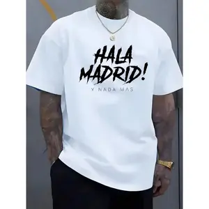Men's Stylish Soft "Hala Madrid!" Bold Letters Graphic T-Shirt - Polyester Crew Neck Short-Sleeve Streetwear, Lightweight Breathable Fabric, Casual Spring/Summer Top, Football Fan Wear for Sports/Everyday Use