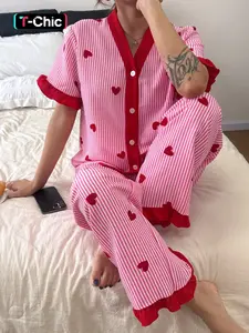 Valentine's Day Elegant Loose Women's Sleepwear Set, Heart Pattern V Neck Short Sleeve Top and Long Pants, Lightweight Polyester Homeewear, Pajama Set, Loungewear, Pjs