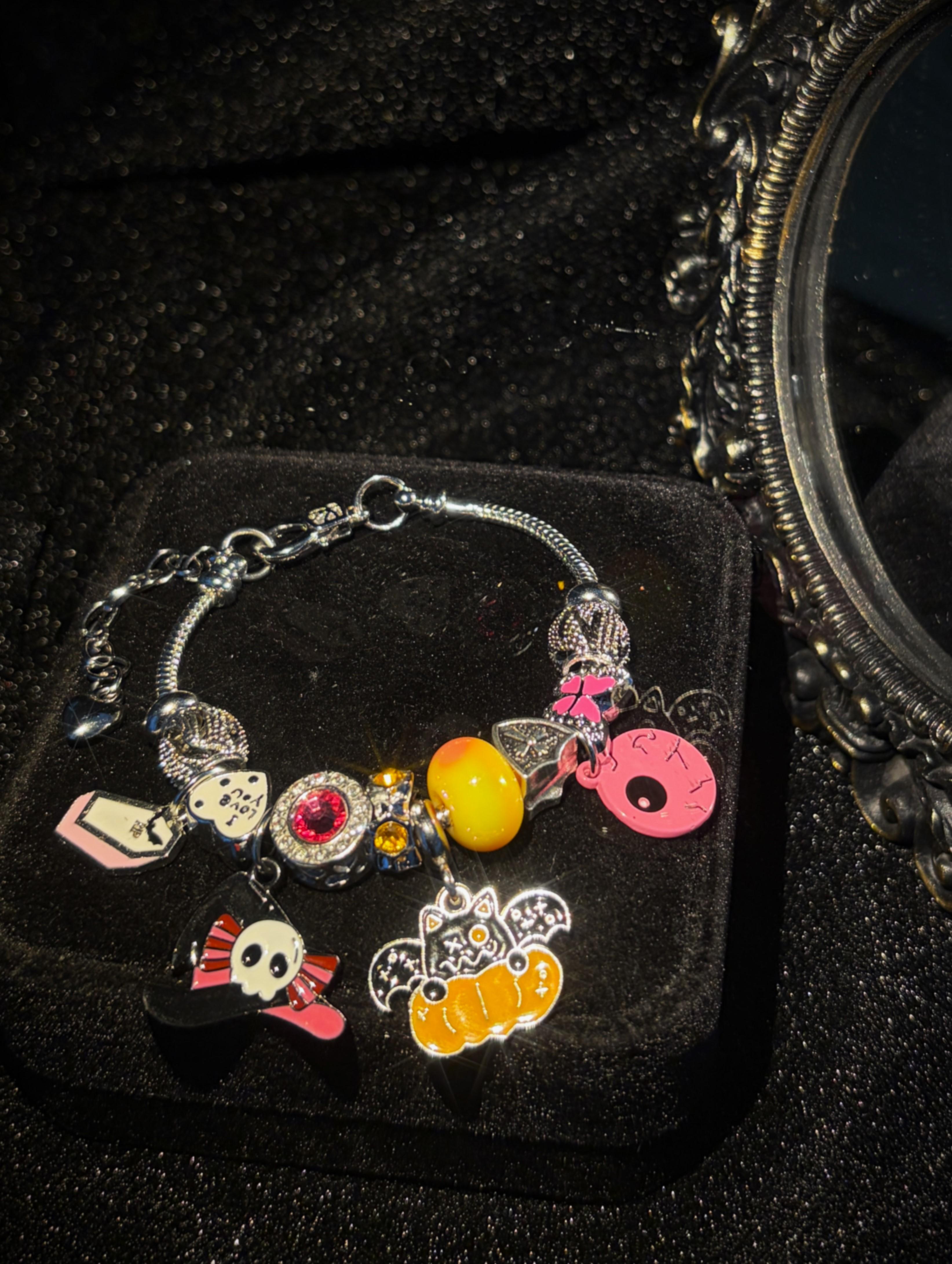 Women's Spooky Cute Halloween Charm Bracelet - Silver-Tone Snake Chain with Pirate Skull, Bat-Pumpkin, Voodoo Doll Enamel Dangles, Pave Crystal Large Hole Beads - Costume Party Jewelry Gift