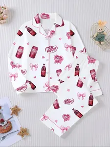 Dr Pepper Print Kids Pajama Set, Fire Retardant Long Sleeve Shirt & Loose Fit Pants, Sweet Cute Style, Casual Wear for Children, Pastel Cute Pajamas, Print Sleepwear