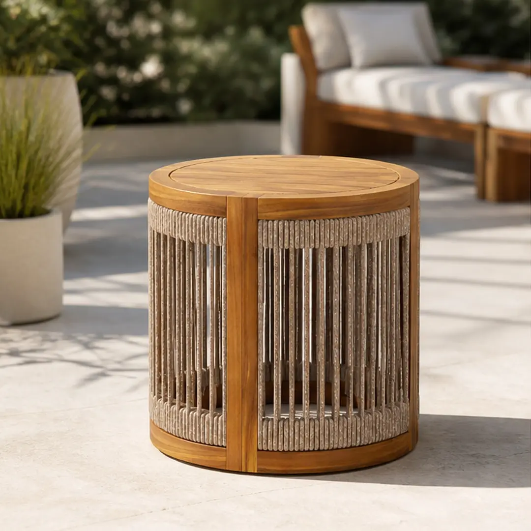 ARCH 16.9" Acacia Wood Outdoor Side Table Handwoven Rope Accent Boho Patio Table All-Weather Durable Natural Solid Wood Slatted Design for Garden Poolside Balcony Coffee End Table, Natural Color Options, Rope/Solid Wood Material, Color: Natural