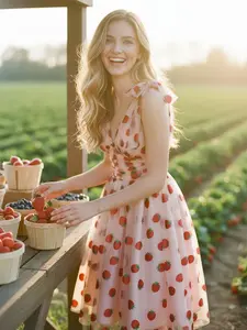 PINK 1950S STRAWBERRY MESH SWING DRESS Casual Elegant Classy Casual Breathable Outfits