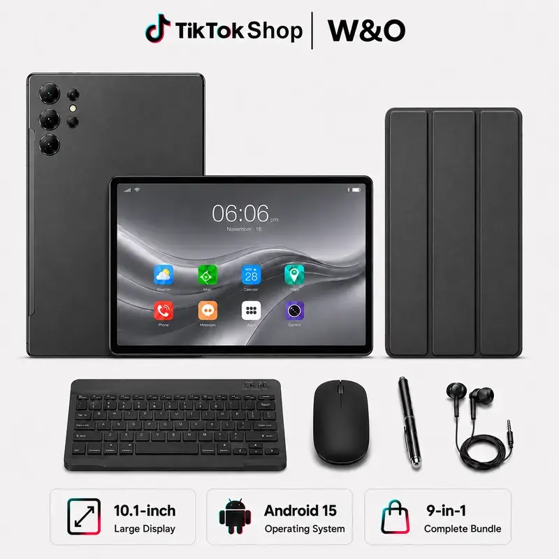W&O X9 10.1" Android 15 Tablet | 8GB+256GB | 8000mAh Battery | Dual WiFi & SIM Support | 9-in-1 Complete Bundle with Keyboard, Mouse, Stylus Pen & Protective Case — Work, Study & Entertainment