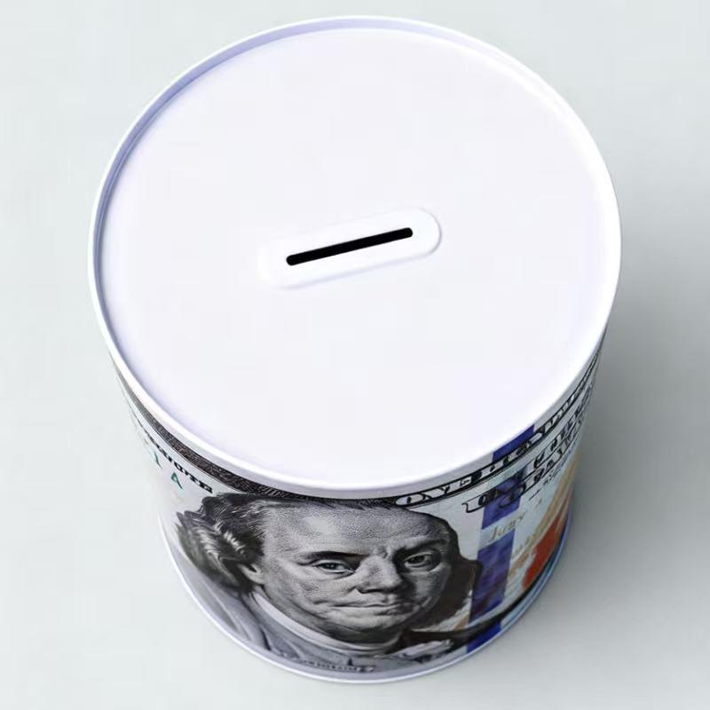 $100 Dollar Bill Piggy Bank Tall Coin Saving Money Currency Benjamin Franklin Tin Can Banknote Jar for Kids and Adults Unopenable Metal Design