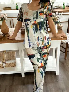 Spring Summer Abstract Art Oil Painting City Street Scene Print Pajama Set, Comfortable Wearable Home Clothing for All Seasons