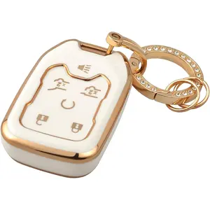 Key Fob Cover with keychain for GMC Yukon/Yukon XL Terrain Acadia Sierra Key Fob Case for Chevy Chevrolet Suburban Tahoe Car Accessories Smart 6 Buttons Key Protector, White