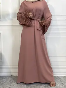 Women's Contrast Lace Belted A Line Dress, Elegant Long Sleeve Muslim Evening Dress for Party Wedding Guest, Ladies Islamic Clothing for Spring
