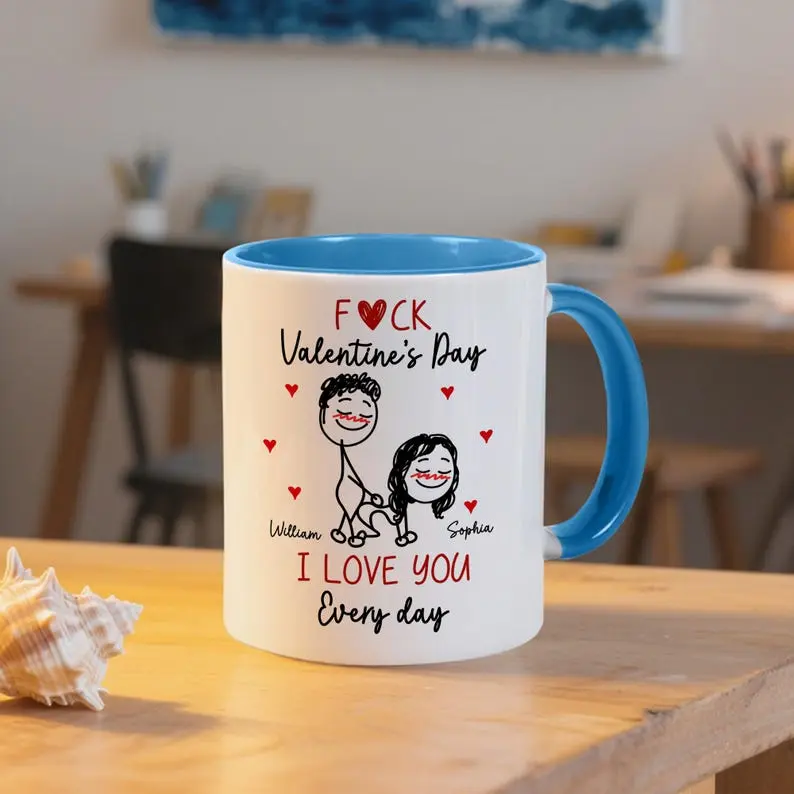 Funny Valentine’s Day 11oz Accent Mug, Personalized Name – F*ck Valentine’s Day Mug, Couple Gift, Husband Wife Anniversary Coffee Cup