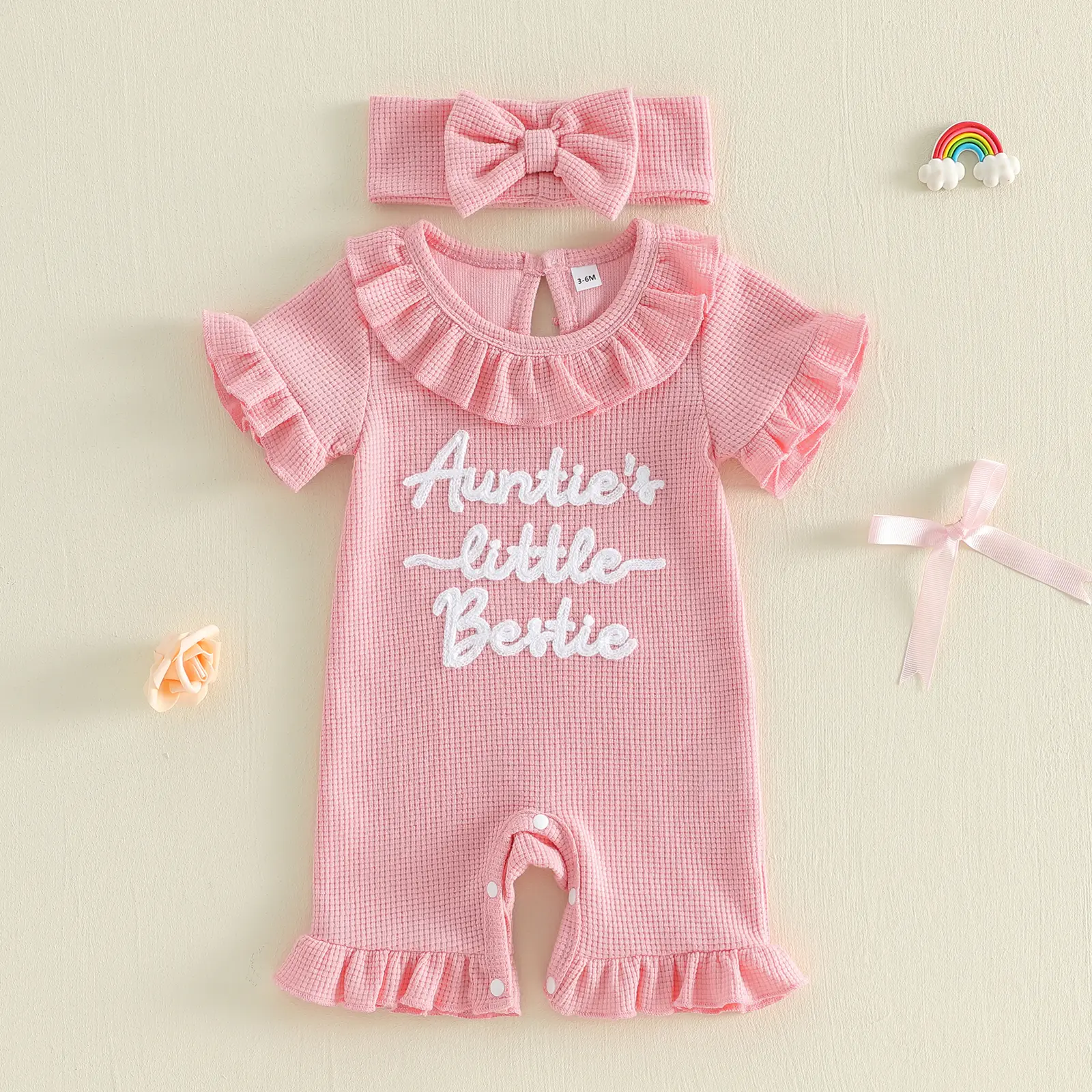 Meihuida Newborn Baby Girl Summer Outfit Romper Aunties Little Bestie Embroidery Ruffle Collar Jumpsuit Infant Waffle Clothes with Headband