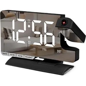 Digital Clock,Alarm Clock Bedside with Projection,7.3" Mirror Clock with 180°Rotating Projector,Dual Alarm with 3 Mode,Brightnee Adjust,DST,Snooze,Charging Port,5 Levels Volume for Desk Teens