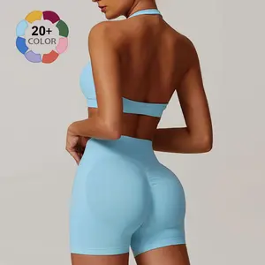 Women's Solid Backless Halter Crop Top & High Waist Shorts Workout Gym Yoga Set, Sporty Breathable Comfy Fitness Outfits for Women, Ladies Gym Clothes, Activewear, workshop outdoorfun sportswear