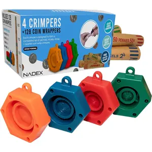128 Assorted Preformed Crimped End Coin Roll Wrappers with Color Coded Coin Wrapper Crimping Tool (Patent Pending), 32 Each of Nickels, Dimes, Pennies and Quarters