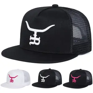 Western Longhorn Trucker Hat – HR Embroidered Mesh Snapback Cap for Men & Women, Flat Bill Ranch Style