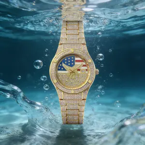 Iced Out Gold US Flag Eagle Watch Diamond Quartz Watch Luxury Stainless Steel Wristwatch Unisex Waterproof Analog Watch Gold Tone Bracelet Watch Statement Wristwatch Durable Metal Band Watch Casual Daily Wear Watch Gift for Men Women