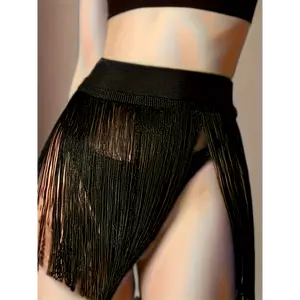 Women's Fashion Tassel Wrap Skirt, Casual Style Solid Color Polyester 95% Elastane 5%, Medium Stretch Woven Fabric, Beach Cover-Up, Beach Skirt