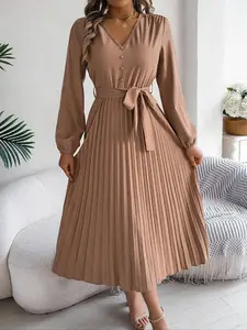 Women's Plain Fake Buttons Belted Pleated Dress, Elegant Chic Bishop Long Sleeve V Neck A Line Dress for Party Wedding Guest, Dresses for Women, Ladies Clothes for Spring & Fall, Birthday Dresses, Womenswear