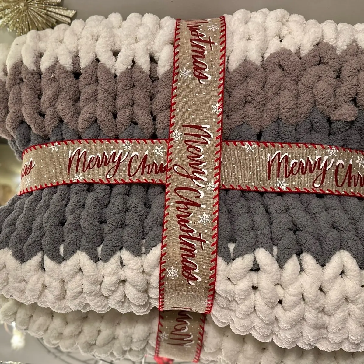 Handmade Cozy Neutral Blocked Chunky Yarn Throw Blanket