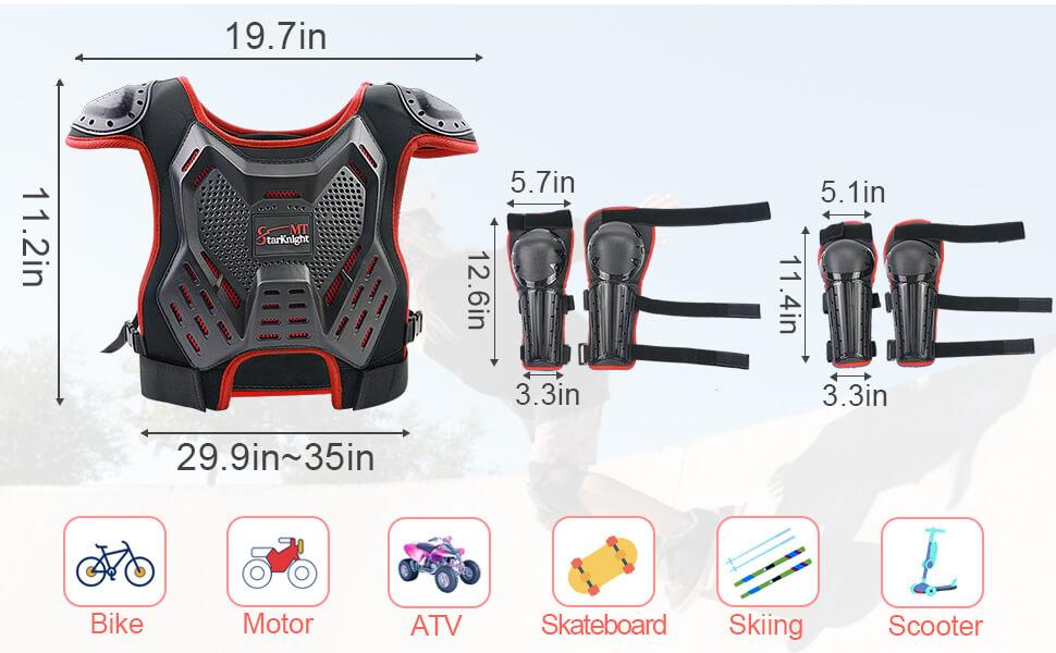StarknightMT Youth Fit Kids Motorcycle Protective Gear Set - 3-10 Years Old Boys & Girls, ATV Chest Impact Shield, Dirt Bike Motocross Armor, Mountain Biking Use, Red, Snow Compatibility, Broad Use, A Pair of Elbow Pads, Chest Protector