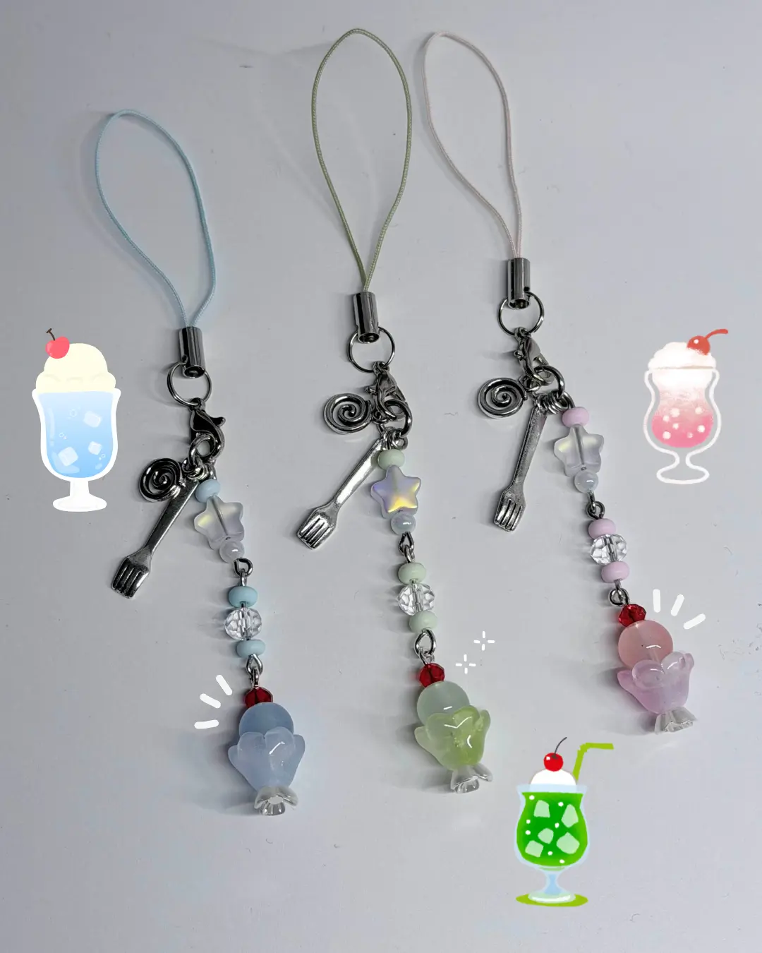 Kawaii Melon Soda Charm Keychain - Strawberry, Blue Ramune Japanese Drink Bag Charm, Bag Charms