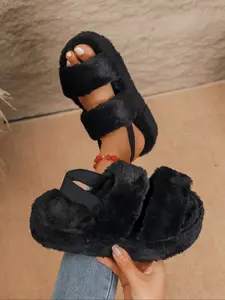 Women's Fluffy Open-Toe Slippers, Comfortable Indoor House Shoes, Casual Textile Rubber Sole, Fall & Winter Footwear