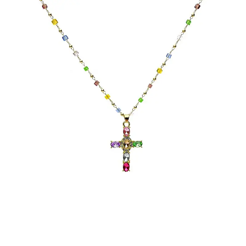 QUEENDO Women's Rainbow Crystal Cross Pendant Necklace, Colorful Beaded Chain & Multi-hued Stone Inlay, Dainty Layering Neck Accessory, daily party jewelry gift for Dating Vacation Holiday Matching Outfit Ornaments