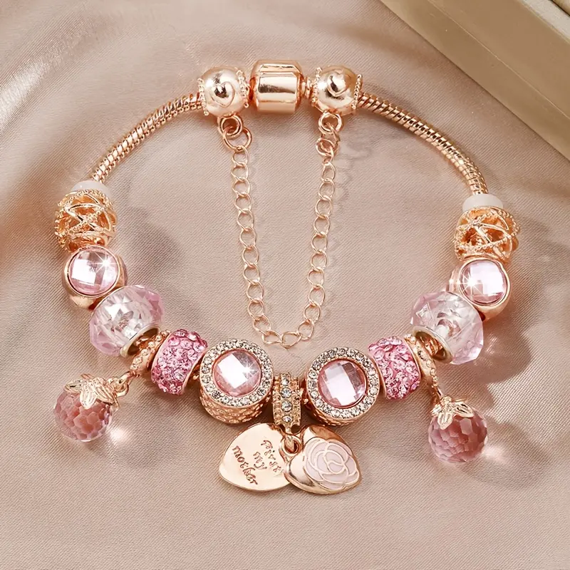 1pc Elegant 19cm Rose Petal Heart Charm Bracelet Set - Double Layer with Sparkling Rhinestones, Snake Chain, and Polymer Clay Beads - Perfect Gift for Mother'S Day, Birthdays, Valentine'S Day, Christmas, and Anniversaries, Valentine'S Day Gift|Elegant Ro