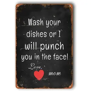 Vintage Metal Tin Sign, Kitchen Signs Wall Decor,Funny Kitchen Home Decorations Sign, Coffee Bar Signs, "Wash Your Dishes Or I Will Punch You In The Face"