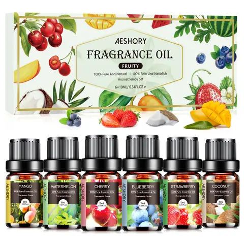 Aeshory Fruity Box Set Scented Oils - 6x10ML Assorted Aromatic Scent Freshener Oils for Aroma Diffuser, Aromatherapy - Strawberry, Cherry, Blueberry, Mango, Coconut, Watermelon - Room Accessories, Skin Care, Hair Care