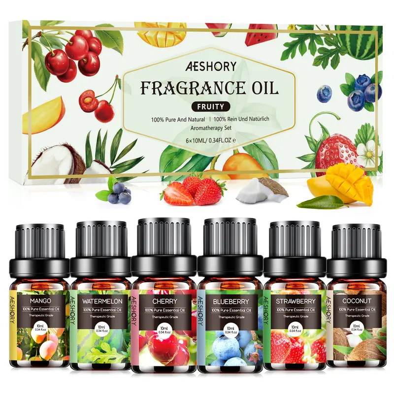 Aeshory Fruity Box Set Scented Oils - 6x10ML Assorted Aromatic Scent Freshener Oils for Aroma Diffuser, Aromatherapy - Strawberry, Cherry, Blueberry, Mango, Coconut, Watermelon - Room Accessories, Skin Care, Hair Care