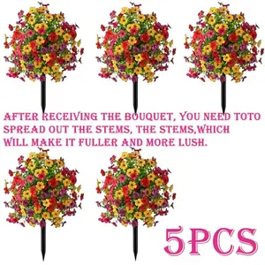 5 bunches of popular spring/summer artificial garden stakes with realistic flower petals. UV-resistant and low-maintenance artificial bouquet flowers – the perfect gift for outdoor, faux flower decor.