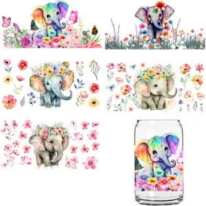 5 Sheets 3D Uv Transfer Sticker Cartoon Elephant DTF Cup Wraps Stickers Waterproof Rub on Transfers Decal for Crafts Glass Mug Handmade Crafts