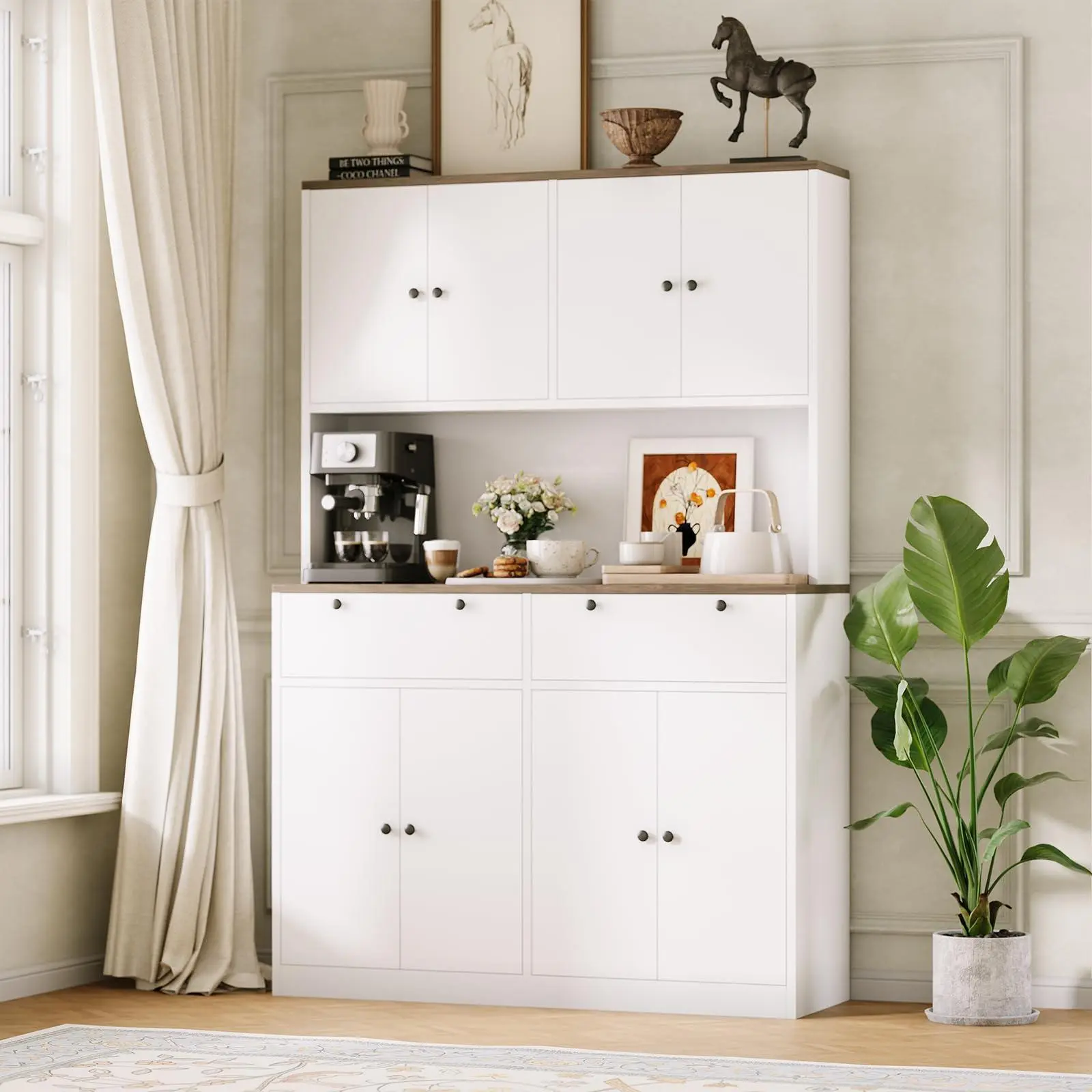 GAOMON 71 in Tall White Kitchen Pantry Storage Cabinet with Charging Station, Food Hutch, Drawers, Doors, Shelves, Countertop for Dining Room, Countertops
