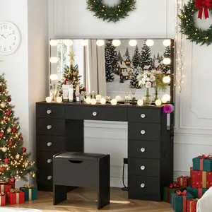 46 Inch Glass Top Makeup Vanity Table with 14 LED Bulbs Lighted Mirror, 3 Color Modes Brightness Adjustable Dressing Desk, Built-in Power Outlet & 11 Storage Drawers for Bedroom