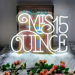Mis 15 Quince Neon Sign, USB Dimmable LED Wall Decoration, Suitable For Rooms Bars Parties Christmas Wedding Holiday Anniversaries, Party Wall Hanging Decoration Neon Lights,No power supply included / Gift box packaging