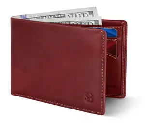 Mens Slim Bifold Wallet RFID Blocking Minimalist Front Pocket Full Grain Leather Wallets for Men Thin Stylish - Ruby Red
