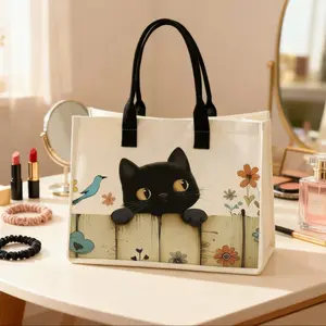 Large Capacity Cat Print Storage Bag, Durable Handle, Space Saving Multi-Purpose, Ideal for School, Travel, Shopping, Storage Tote