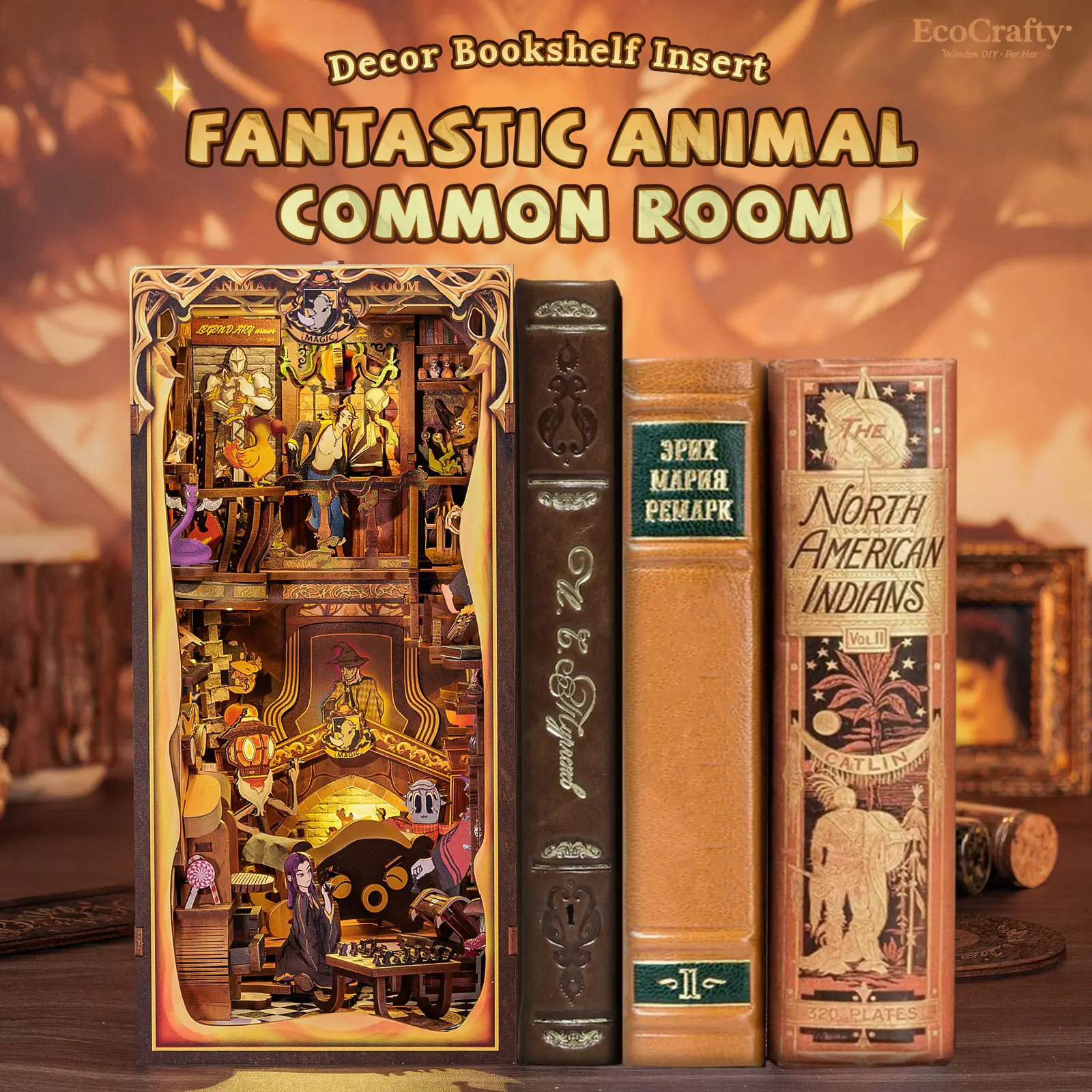 EcoCrafty Fantastic Animal Common Room DIY Dollhouse Booknook Bookshelf Insert Decor Alley with LED Light Unfinished Wood Miniature Furniture Playhouse Kit for Kids & Adults