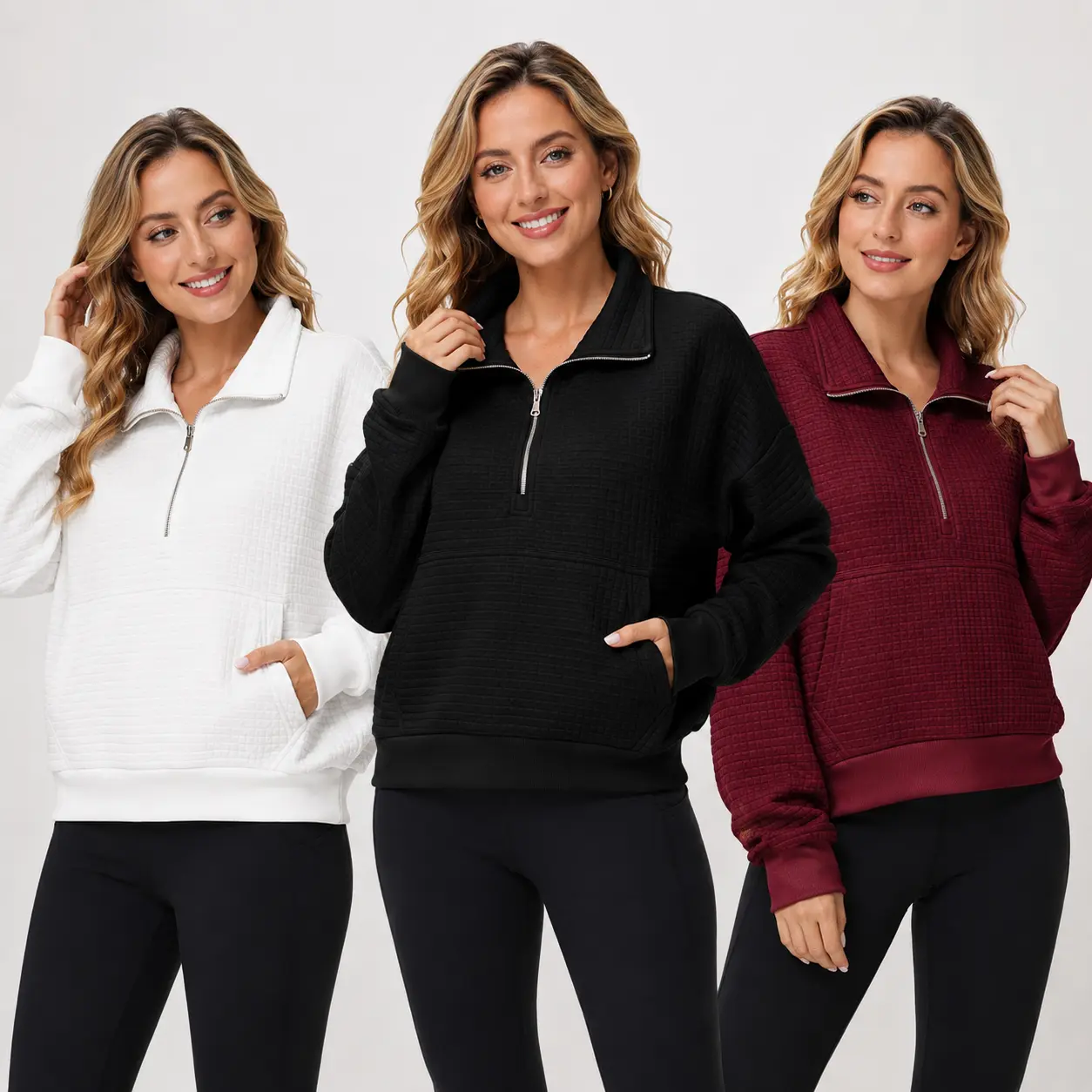 Women's Half Zip Waffle Sweatshirt, Casual Quarter Zip Pullover Top with Kangaroo Pocket