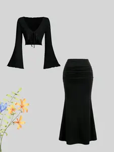 Fashionable solid color basic versatile hollow lace-up cardigan with high-waisted flared hip skirt, women's skirt suit