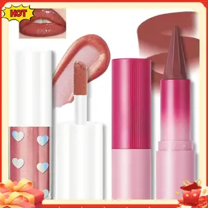 Lip Liner & Lip Gloss Set, Matte Nude Lip Liner and Glitter Light Red Lip Gloss Lip Combo for Gradient Plumping Big Lips Moisturizing High Glossy Liquid Lip Stain Kit Long Wearing Makeup Hydrate Lipstick Daily Glaze Nourishing Silky