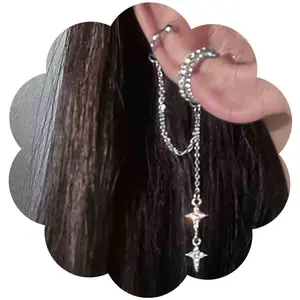 Boho Cz Circle Cuff Dangle Earrings    Long Cz Tassel Chain Rhinestone Ring Helix Chain Clip  Earrings Non Pierced  for Women